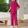thumbnail image 3 of WTOBBY Women's Loose Fashion Solid Color Split Hem Round Neck Short Sleeve Top and Long Pants Two Piece Casual Summer Set for Women,Hot Pink 2XL, 3 of 6