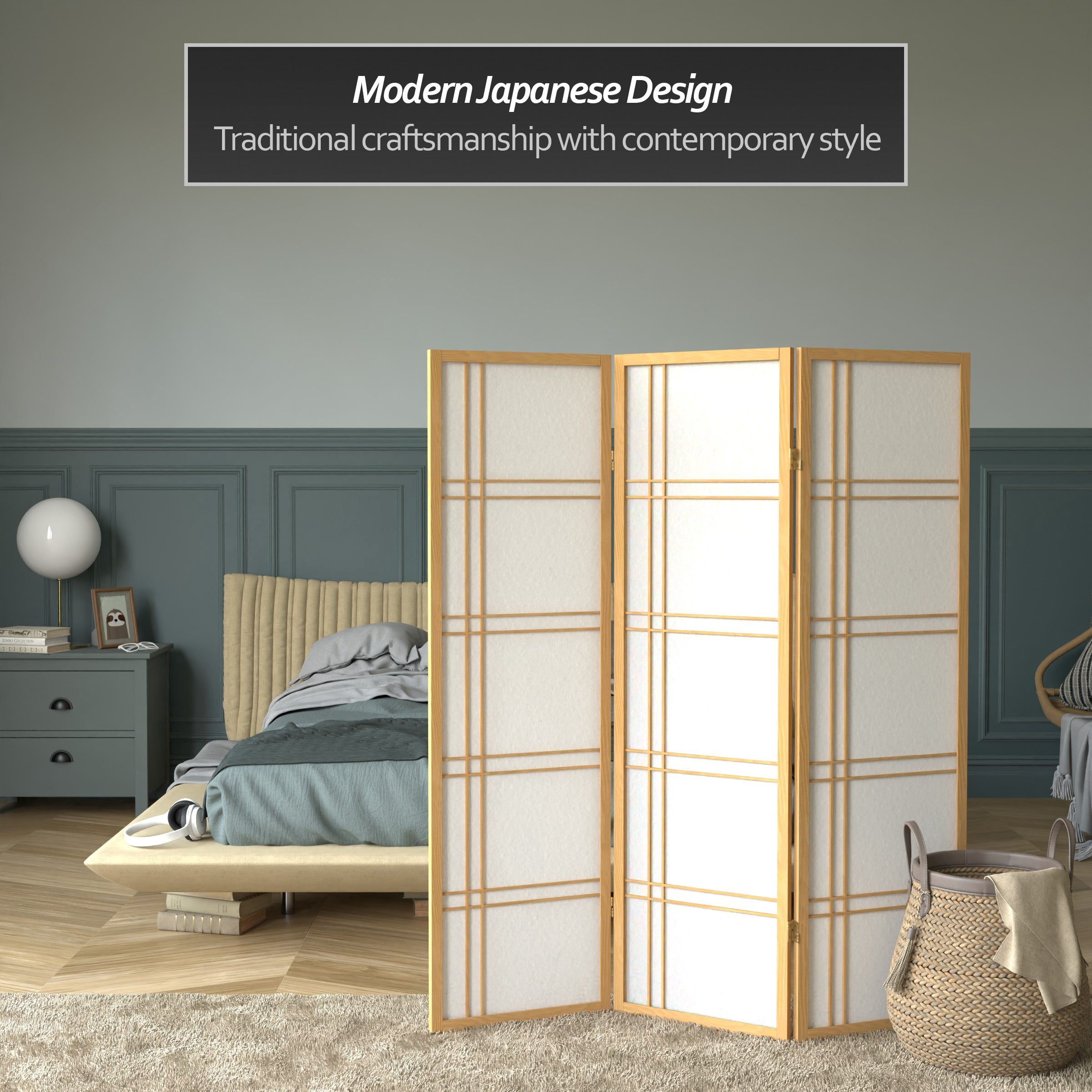 5 ft. Tall Japanese Style Double Cross Lattice Shoji Screen with Natural Spruce Frame - 3 Panels