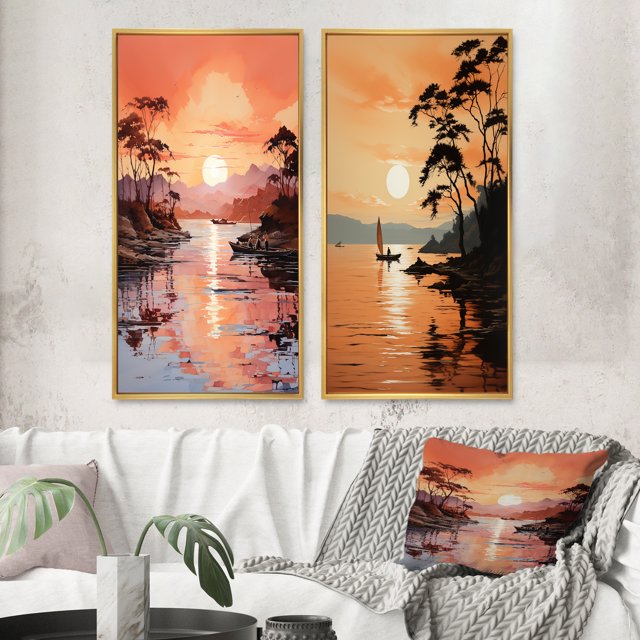 Designart "Golden Sunrise formd II" Sunrisesunset Framed Wall Art Set Of 2 - Yellow Landscapes Gallery Wall Frame Set For Home Decor