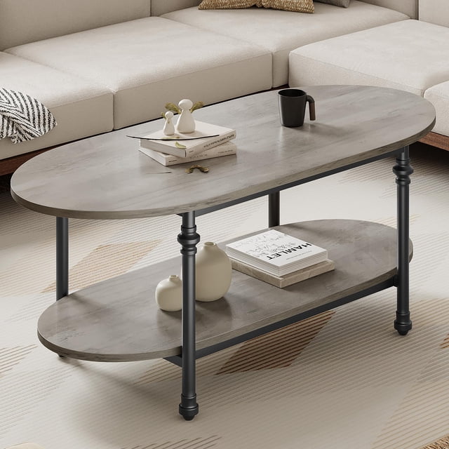 AKDSteel Oval Coffee Table, 47.2" Two-Tier Vintage Center Table For Living Room Or Office, Unique Rustic Mid-Century Design