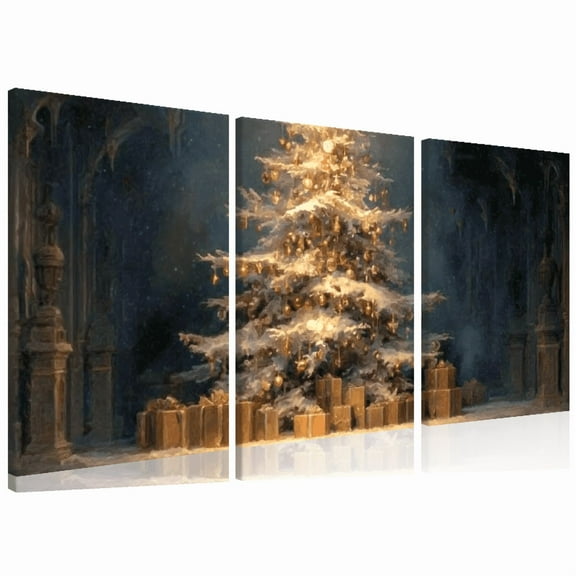 Vertical Art Deco Style Wrapped Canvas Frames, Set of 3 Oblong Canvas Prints, Christmas Tree Santa Home Decor Wall Art for Living Room, Party, Bedroom 12*16inch*3pcs