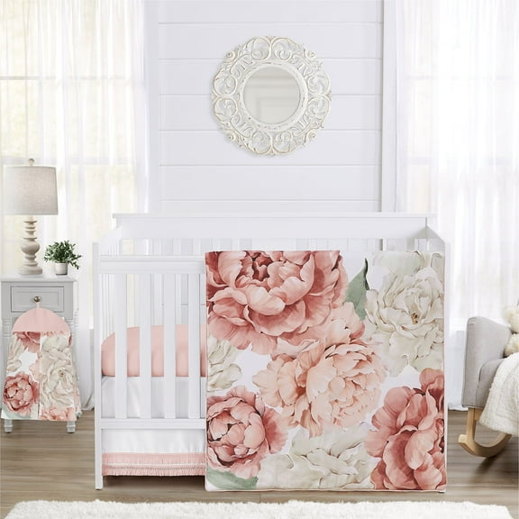 Sweet Jojo Designs Peony Floral Garden Pink and Ivory 4 Piece Crib Bedding Set