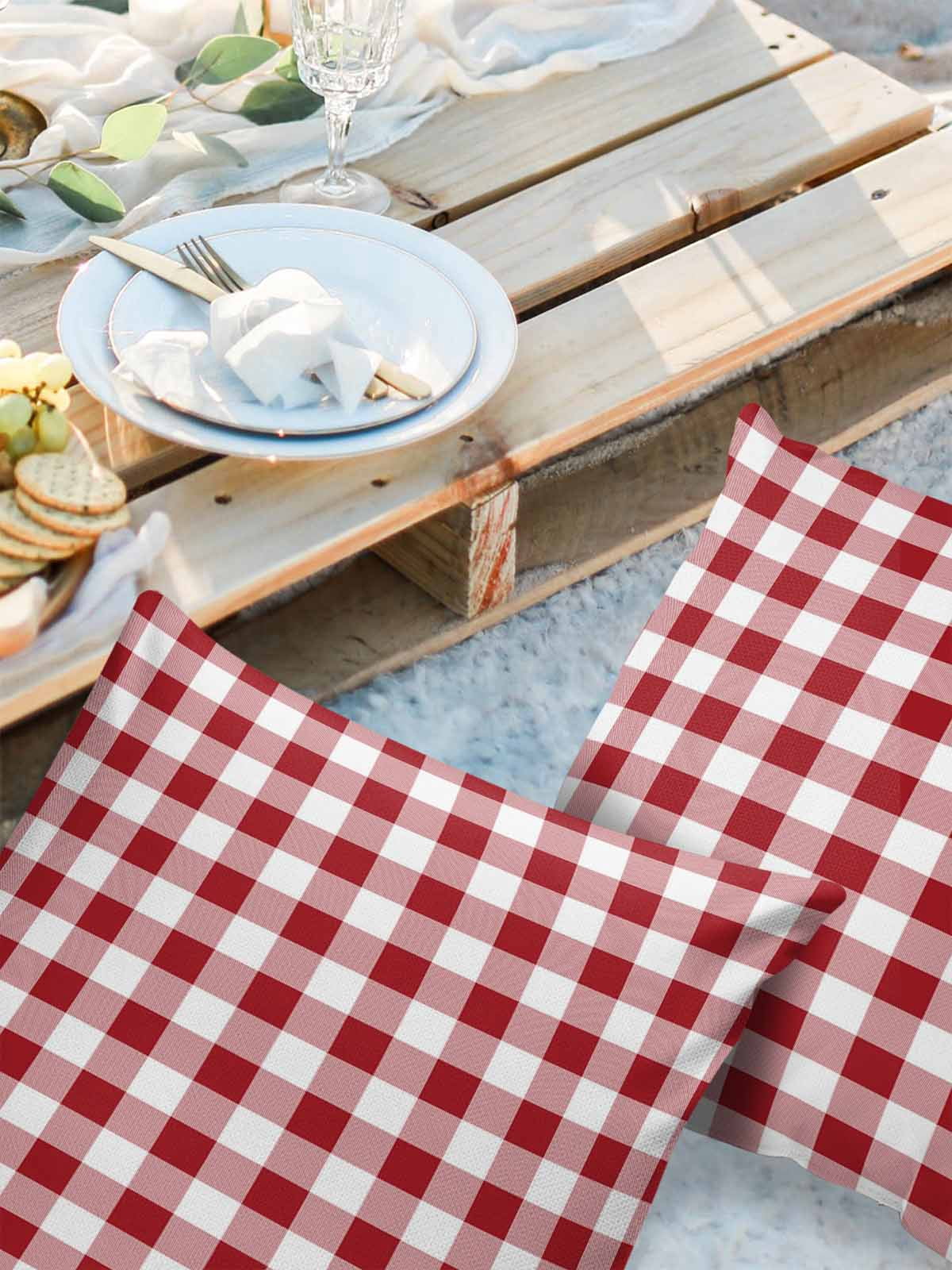 Outdoor Waterproof Throw Pillow Covers Set of 2 Red White Plaid Decorative Pillowcases Square Outdoor Pillows Cushion Case 18x18 Inch Buffalo Check Geometric Patio Pillows for Couch Sofa Bed Garden