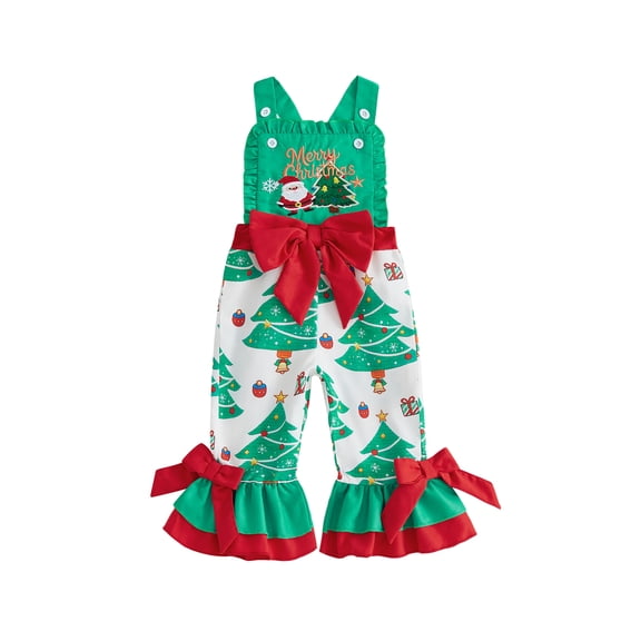 RUINIXCW Toddler Baby Girl Christmas Outfit Romper Overalls Infant Baby Girls Fall Winter Clothes Santa Tree Print Bowknot Flare Pants Bell Bottom Jumpsuits