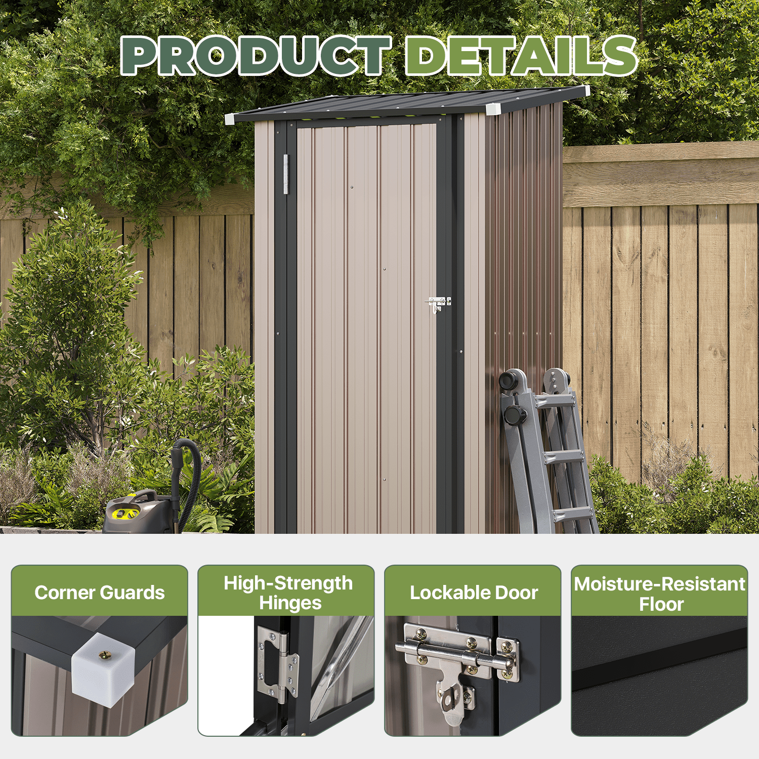 BaPiPro 3x3 ft Small Outdoor Storage Shed with Floor & 2 Metal Shelves, Metal Tool Shed with Lockable Door for Garden Storage, Storage Cabinet Brown