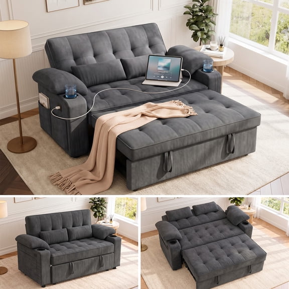 58" 3-in-1 Convertible Sleeper Sofa Bed, Pull Out Loveseat Couch, Towel Fabric Sofa with Cup Holders, USB Charging Port, Side Storage Pockets, for Small Space, Dark Grey