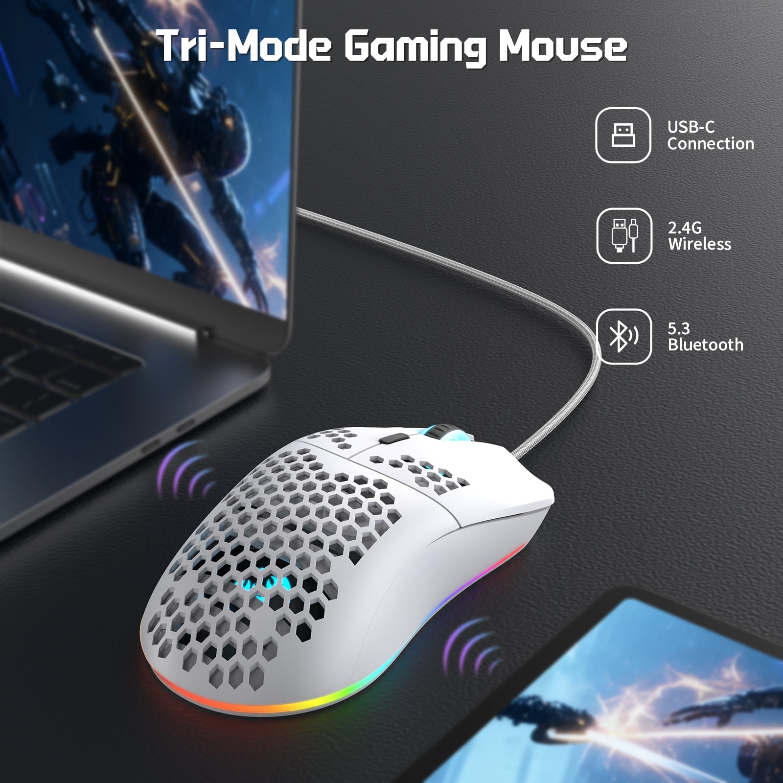 T66 3-Mode RGB Wireless Gaming Mouse - Ergonomic, Lightweight Design with Customizable Backlighting, Macro Programming Support, 650mAh Rechargeable Optical Sensor Mouse