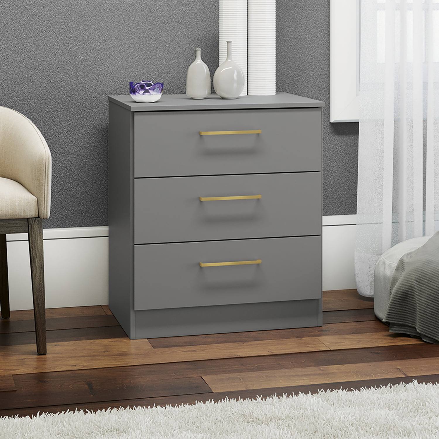 Kappesberg Jolyne 3-Drawer Vertical Dresser with Gold Hanldes Gray – Modern Bedroom Storage for Adults and Teens