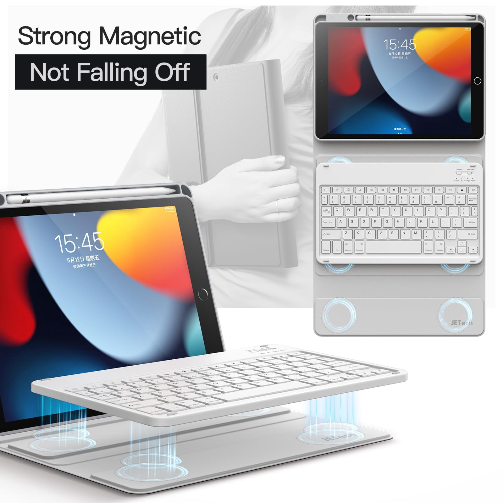 JETech Keyboard Case for iPad 10.2-Inch (2021/2020/2019 Model, 9th/8th/7th Generation) with Pencil Holder, Magnetic Detachable Bluetooth Wireless Keyboard, Soft TPU Back Stand Cover (Silver)