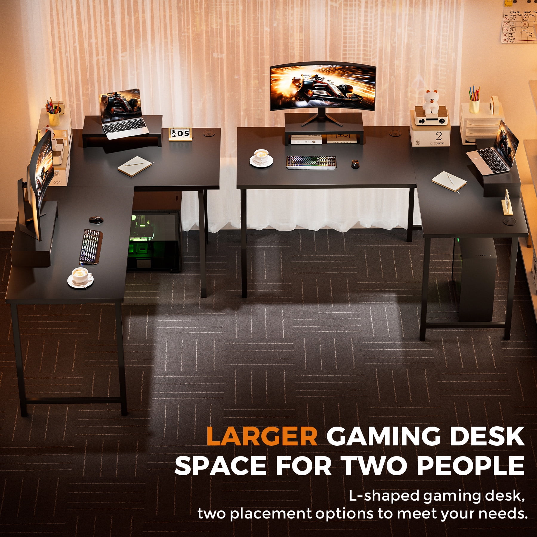 GTPLAYER  L-Shaped Gaming  Computer Desk ,62.2“ Gaming Table inch PC Writing Study Desk with Movable Monitor Stands for Home Office, Black