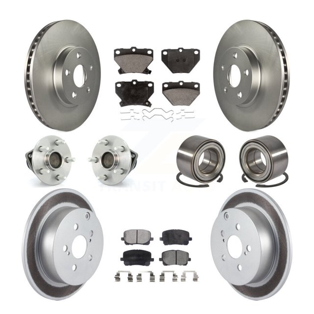 Transit Auto Front Rear Wheel Hub Bearings Assembly Coated Disc Brake Rotors and Ceramic Pads Kit (10Pc) for Car Toyota Matrix Corolla Pontiac Vibe - Left Right Side (Driver Passenger) KBB-108351