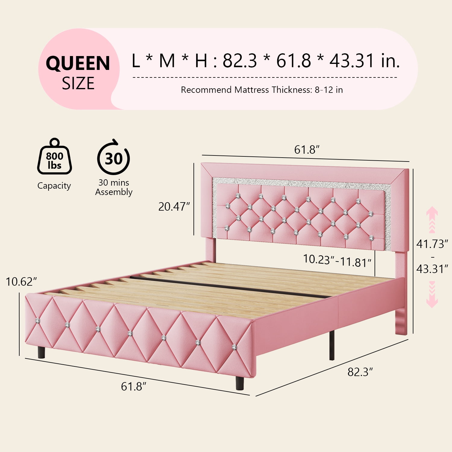 4 EVER WINNER Queen Bed Frame, Upholstered Platform Bed Frame with Headboard and Footboard, Diamond Headboard and Footboard Design, Pink