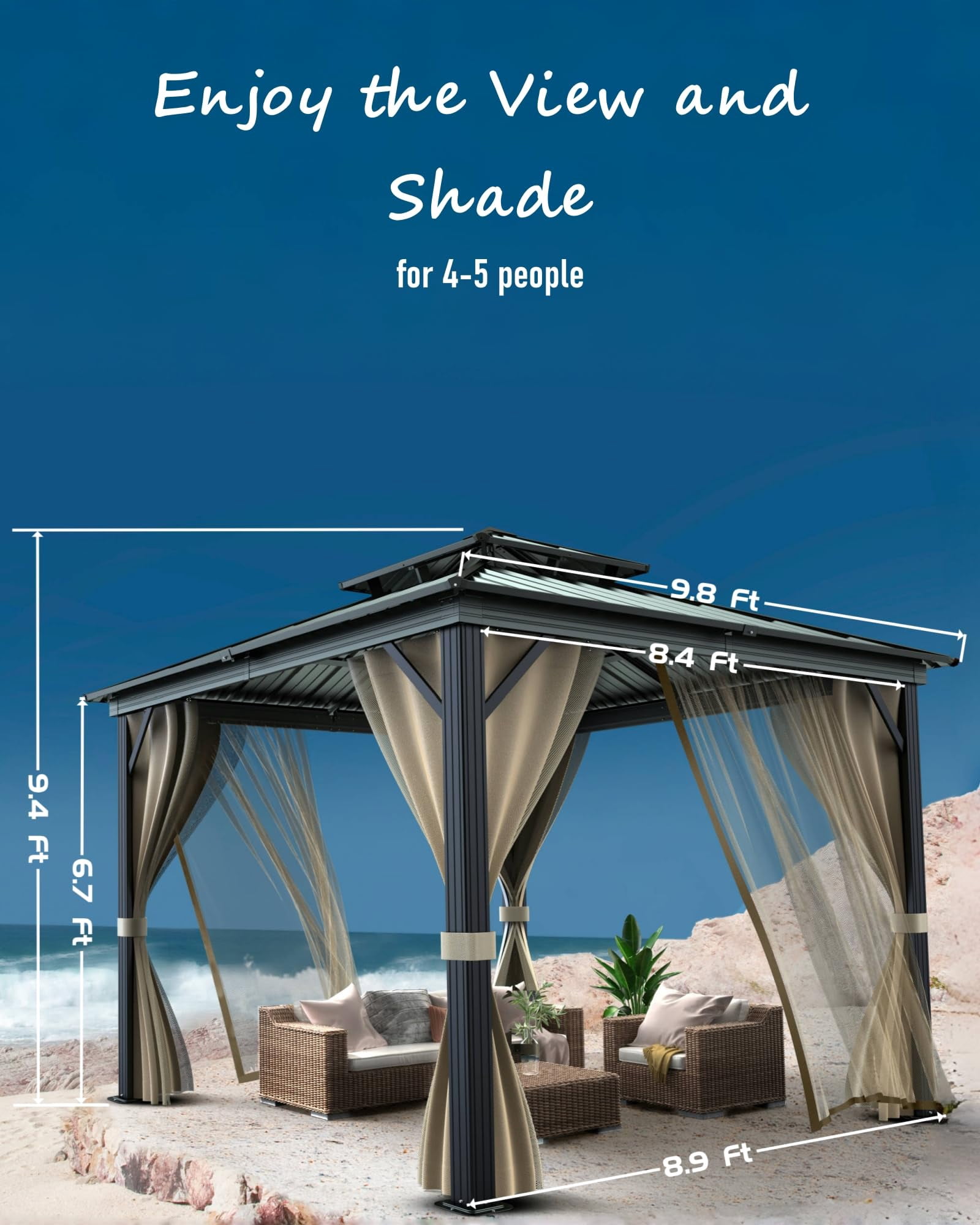 Garvee Double Roof Hardtop Gazebo, Durable Aluminum Frame, Mosquito Netting & Privacy Curtains – Outdoor Pavilion Canopy for Patio, Garden, Deck, Backyard Parties – Black + Gray, 10x10FT