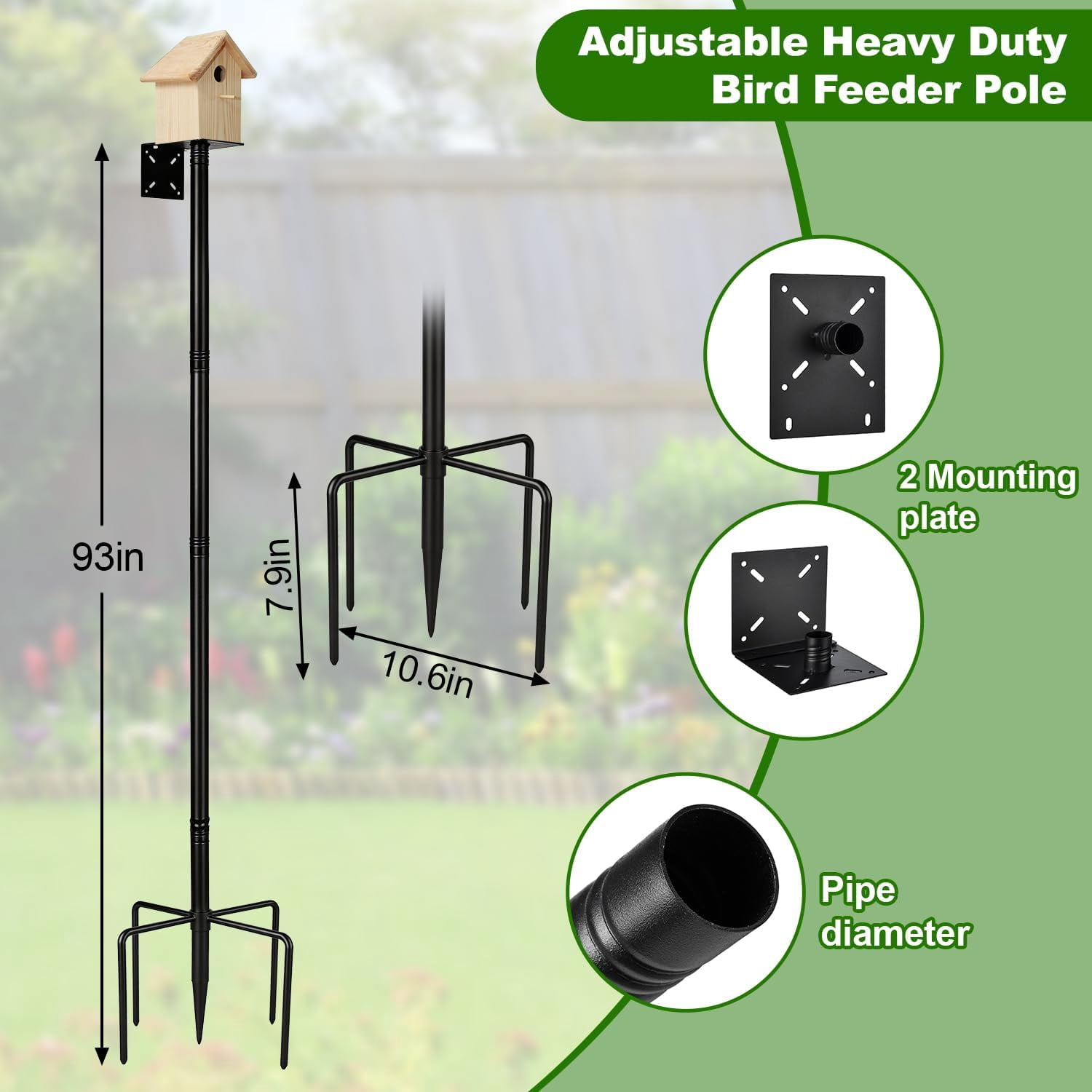 Bird Feeder Pole, Heavy Duty Birdhouse Pole with Spiked Baffle & 2 Tray, Adjustable Wild Bird Feeding Station Hanging Pole for Outdoors, Yard, Garden Decor (Without Birdhouse)