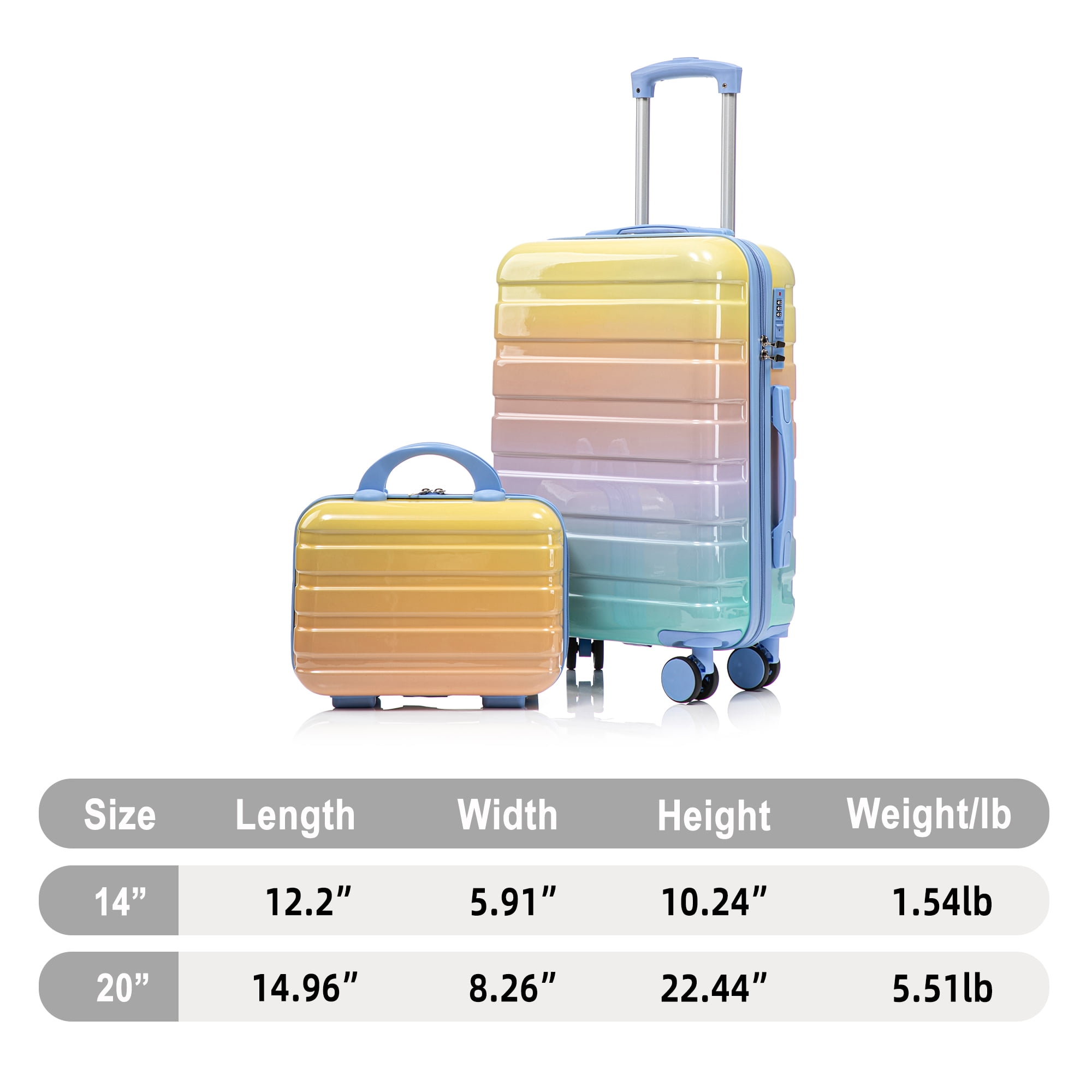 14"/20" 2 pcs/set in PC Spinner Wheel Luggage, Carry on Suitcase, With Gradient Color and Combination Lock (Blue+Yellow)