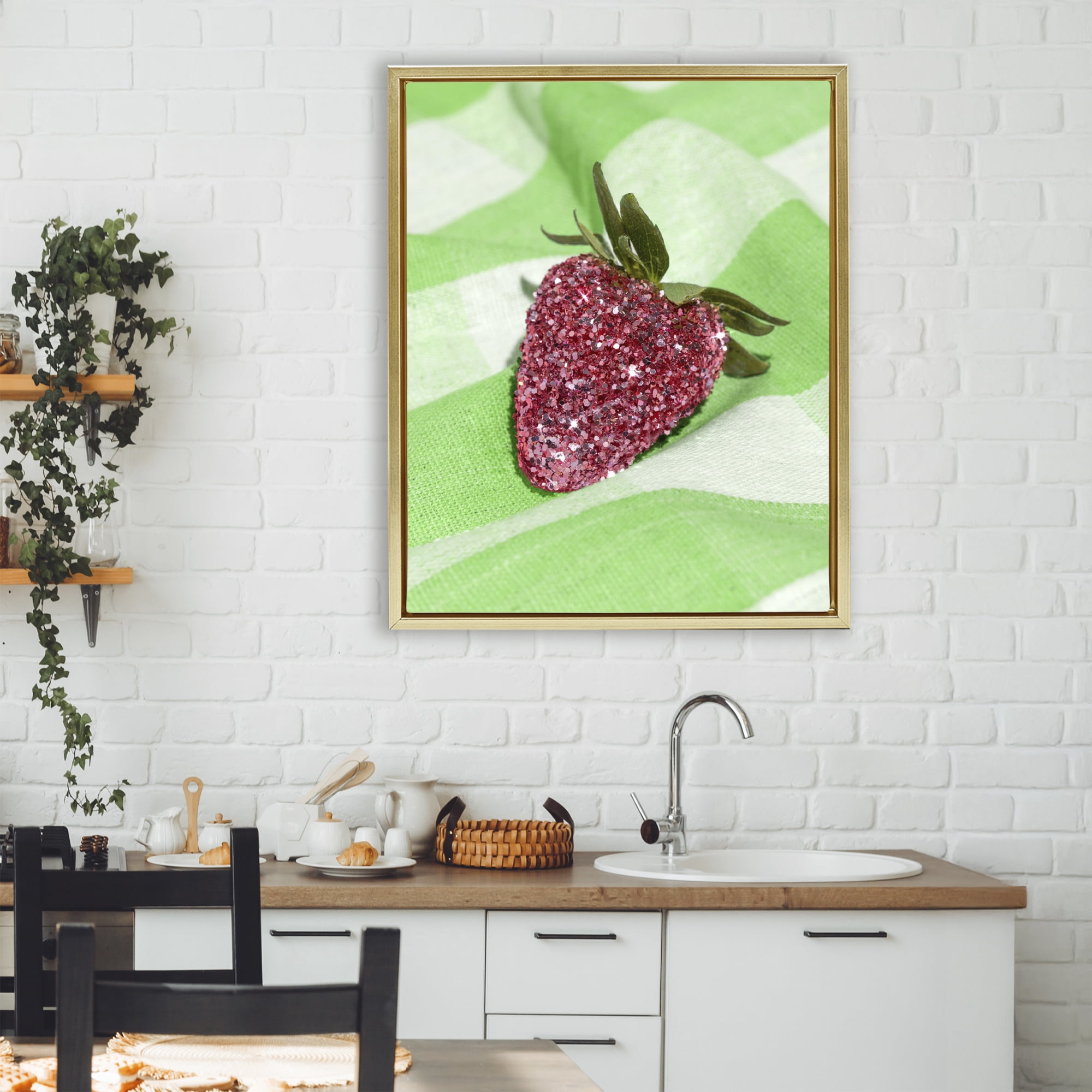Stupell Industries Glimmer Strawberry on Green Gold Framed Floater Canvas Wall Art, design by LISH Creative