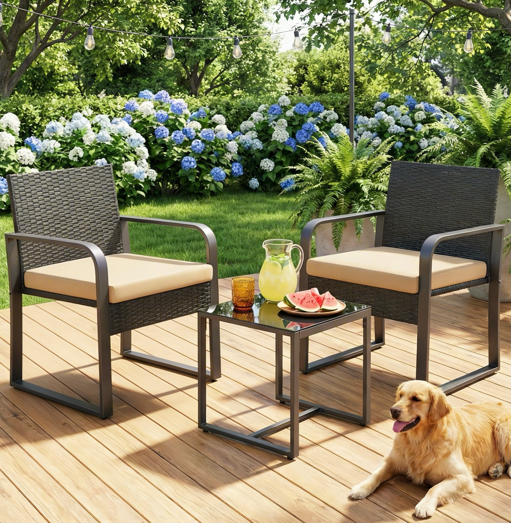 Patio Furniture Set for 3, Lofka All-Weather Outdoor Rattan Conversation Set with Glass Table for Lawn, Poolside, Porch,Beige