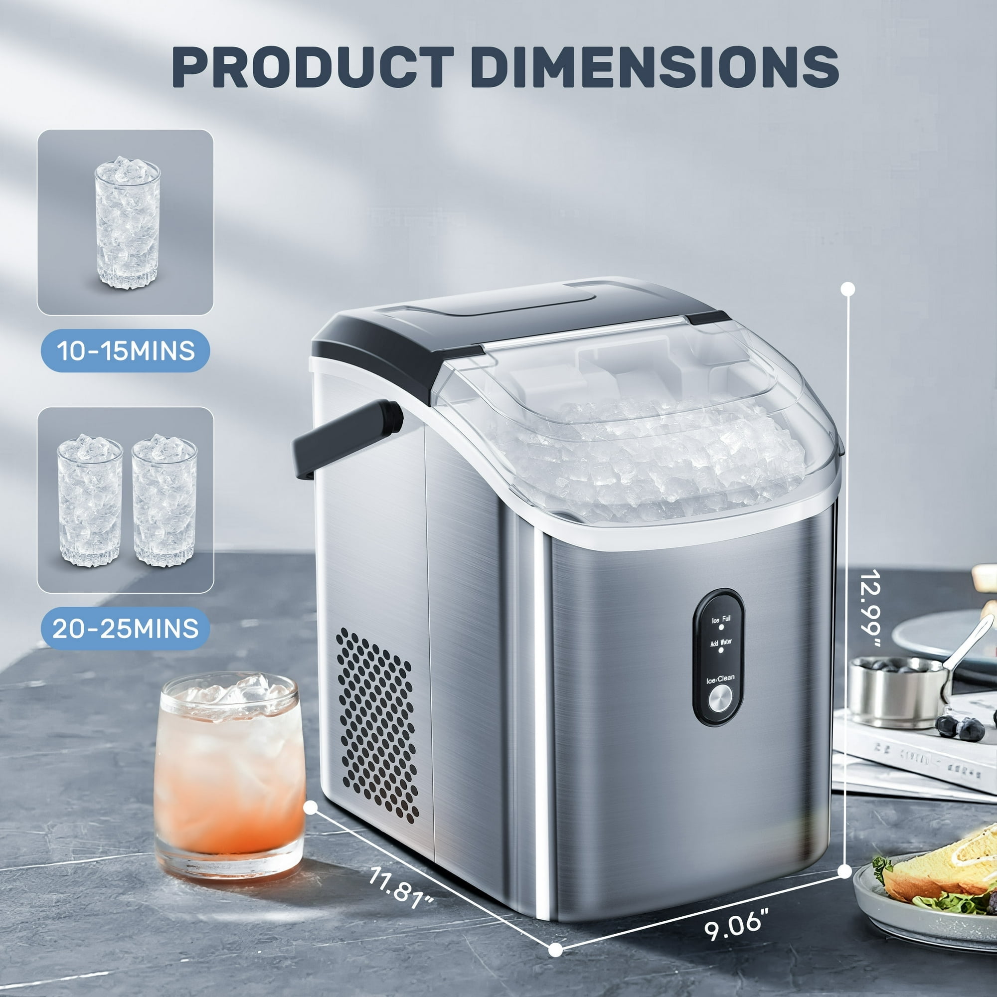 Auseo 35Lbs Nugget Ice Maker Countertop, Self-Cleaning with Ice Scoop, for Home/Office/Bar, Stainless Steel-Silver