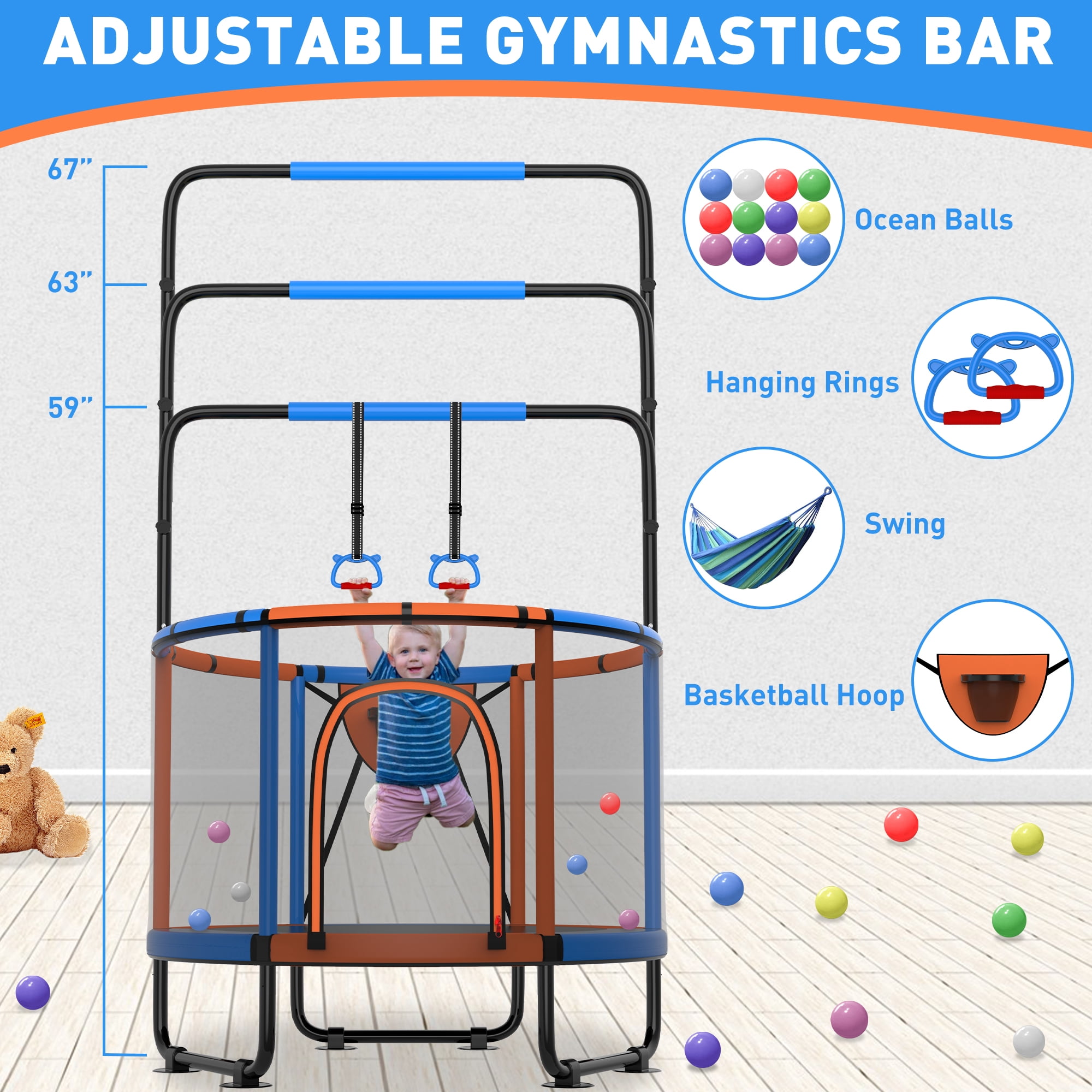 CITYLE Trampoline for Kids 600LBS 5.5FT Toddler Trampoline Indoor Outdoor with Basketball Hoop, Swing, Adjustable Bar, 66'' Mini Small Trampoline with Enclosure, Gifts for Toddlers, Boys & Girls