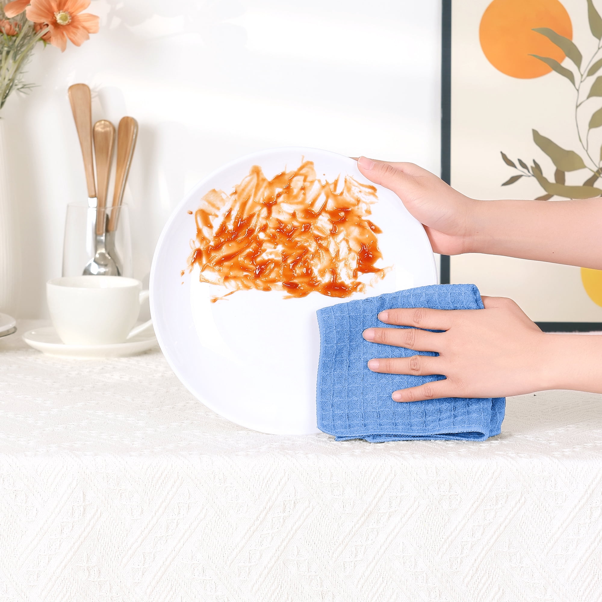 Unique Bargains Waffle Weave Kitchen Cleaning Absorbent Kitchen Towels Blue 10pk 10" x 10"