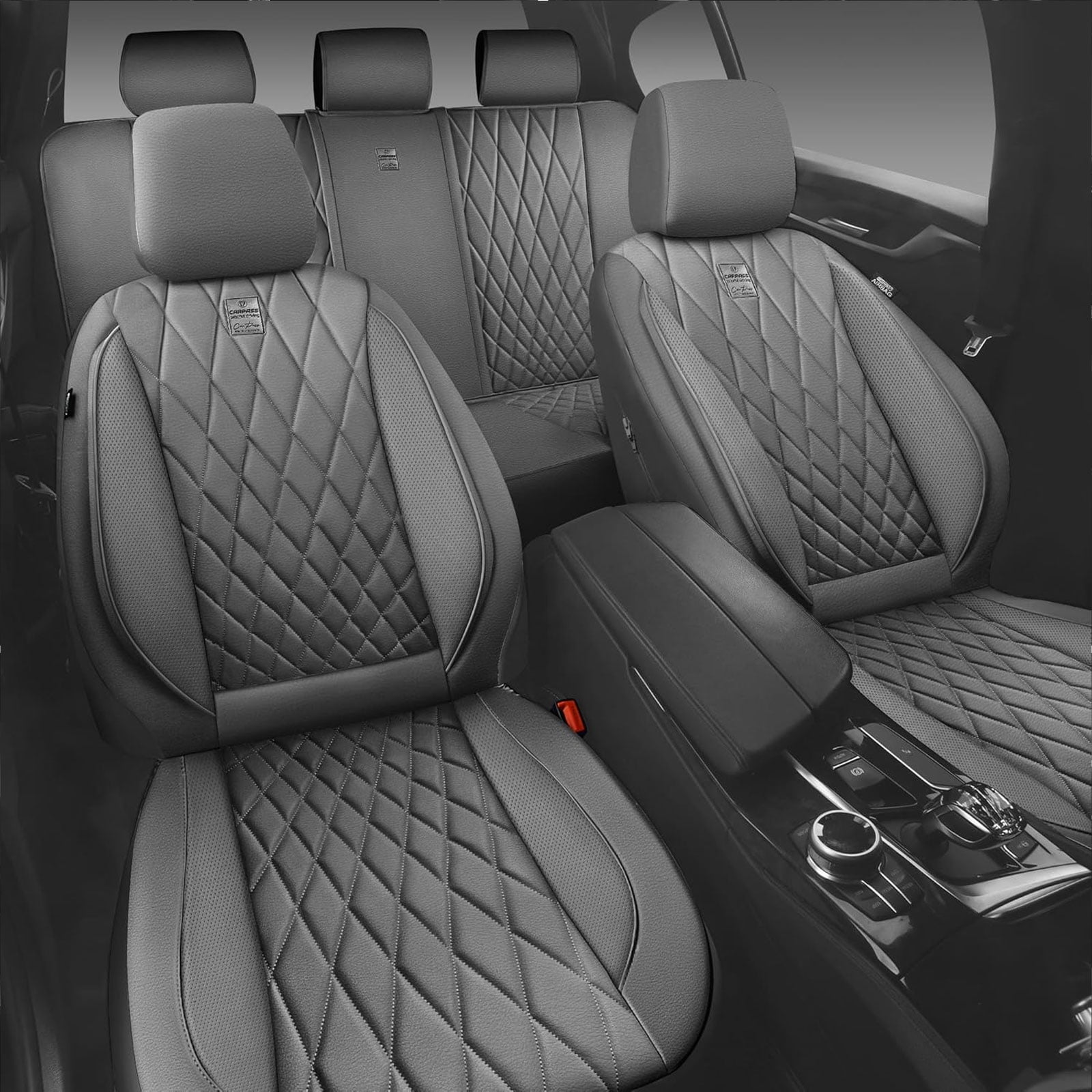 CAR GRAND Piping Luxury Faux PU leather Full Set Car Seat Covers Water Proof Armrest Airbag Compatible Universal Fit SUV VAN Truck All gray
