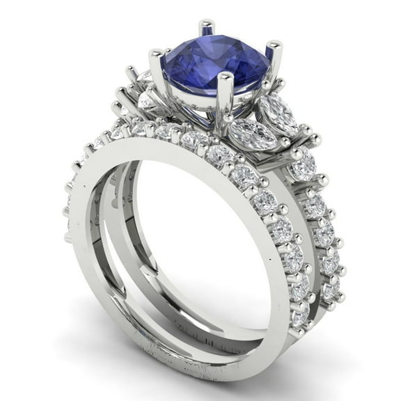 Clara Pucci 14K White Gold Round Cut 1.5Ct Simulated Tanzanite Engagement Ring Matching Band - Luxury Box Included