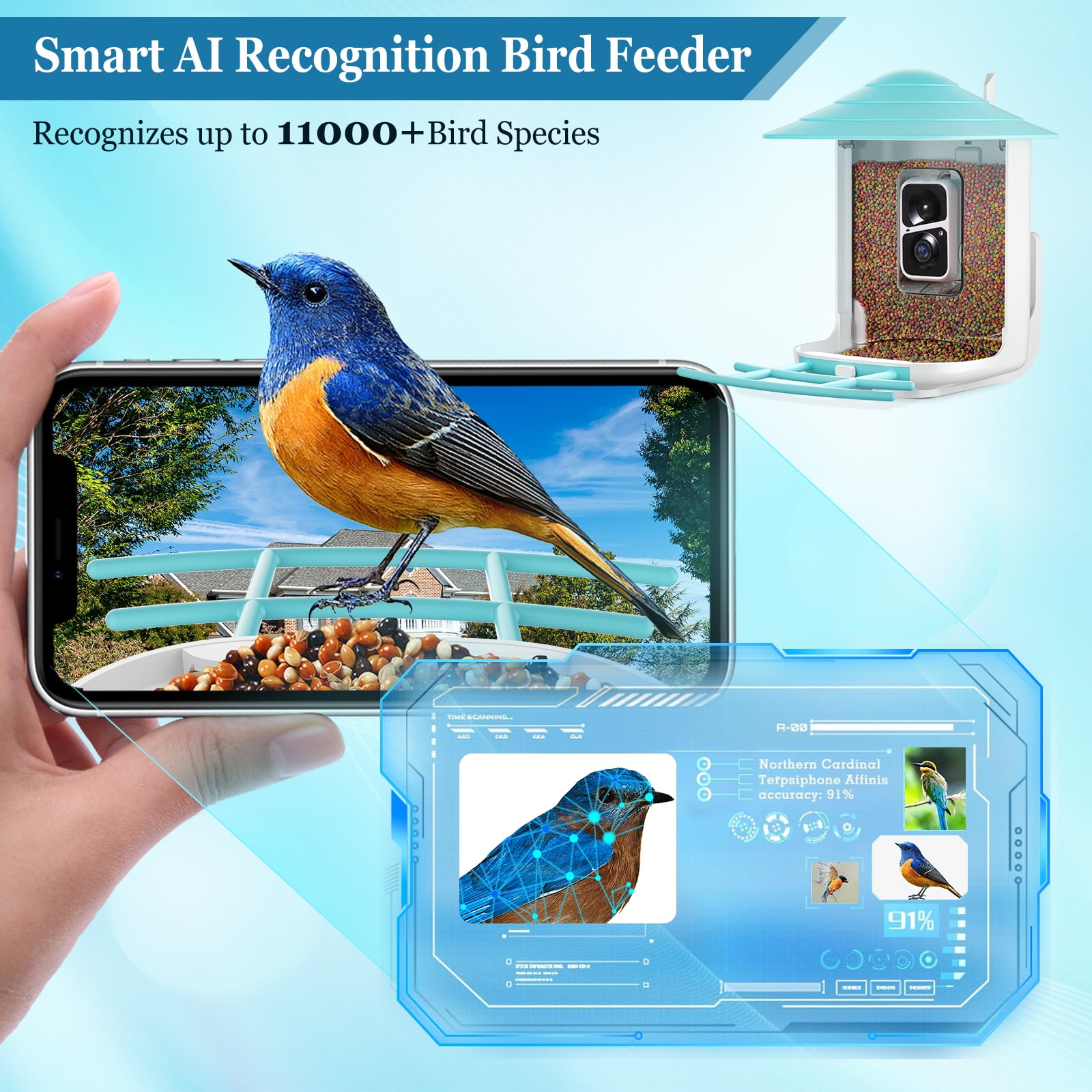 Naipo Bird Feeder, Camera for Automatic Bird Video Capture and Motion Detection, Solar-Powered Wireless Outdoor Device with 64G SD Card, Perfect Gift for Bird Enthusiasts