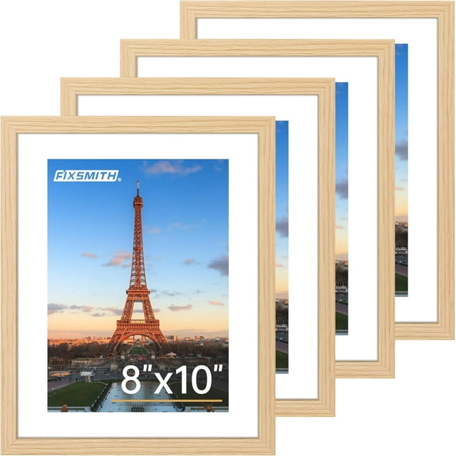 WWS-8x10 Picture Frame Bulk-4 Pack, Photo Frame with HD Plexiglass, Display Pictures 5x7 with Mat or 8x10 Without Mat, Natural Picture Frames Collage Wall Decor, Wall & Tabletop Picture Frames