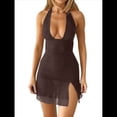 thumbnail image 3 of Vestido Corto Ajustado con Escote en V Profundo y Fruncido para Mujer, con Abertura Lateral y Dobladillo de , para Fiesta y Club, de Verano Marrón L, 3 of 9