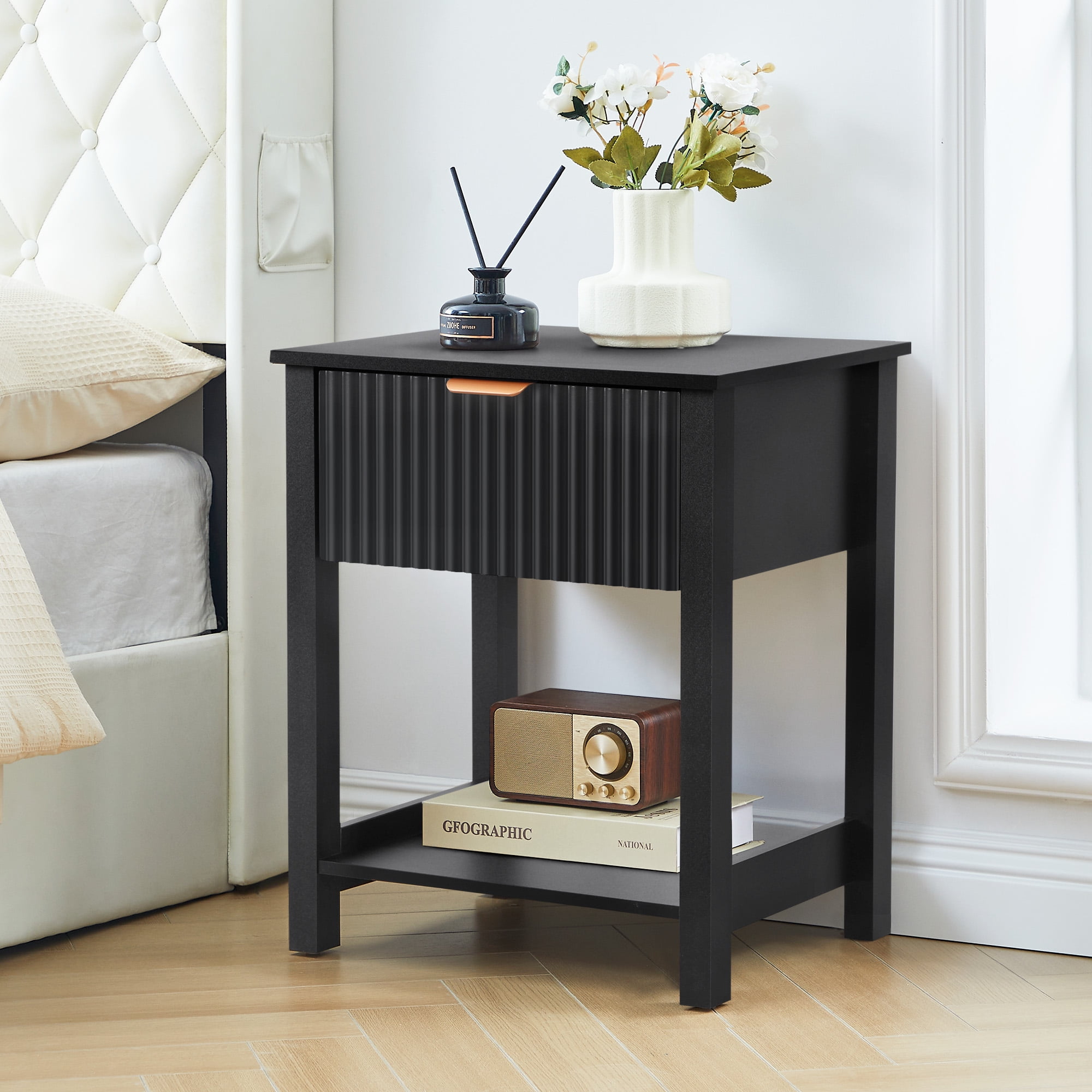 PHOYAL Fluted Nightstand for Bedroom, Wood Bedside Table with Drawers, Black