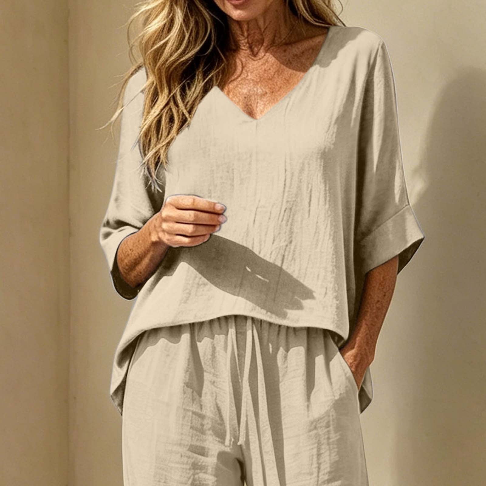 Ihhxva Women's Linen V-Neck 3/4 Sleeve Dolman Drop Shoulder
