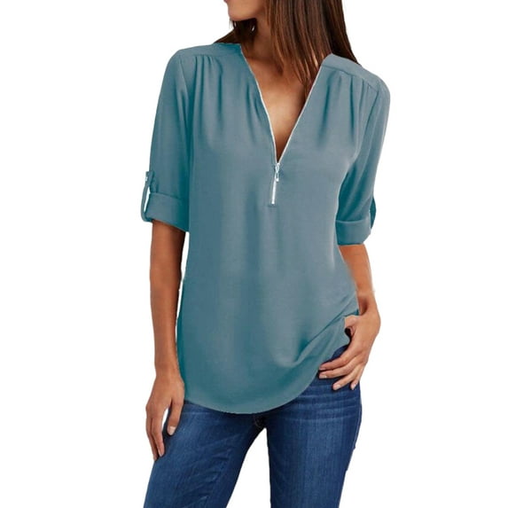 WISEFIN Women Plus Size S-5XL Roll Up Long Sleeve Zipper V-Neck Solid Color Chiffon T-Shirt Blouse Tops