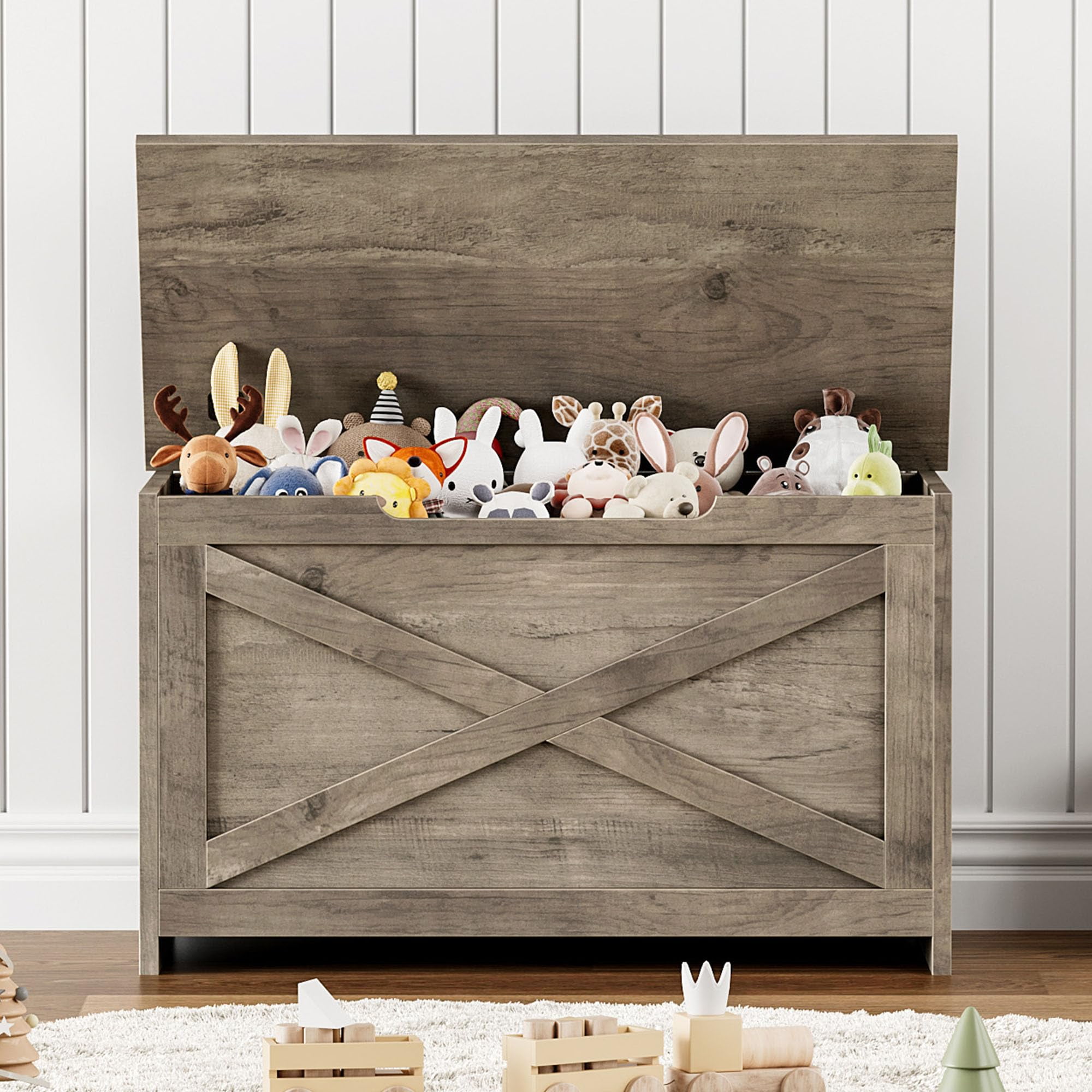 JoanKaren Wooden Storage Chest  with Safety Hinge ,30" x 15.78" x 17.7" Storage Bench&Large Toy Chest for Living Room,Bedroom,Entryway,Grey