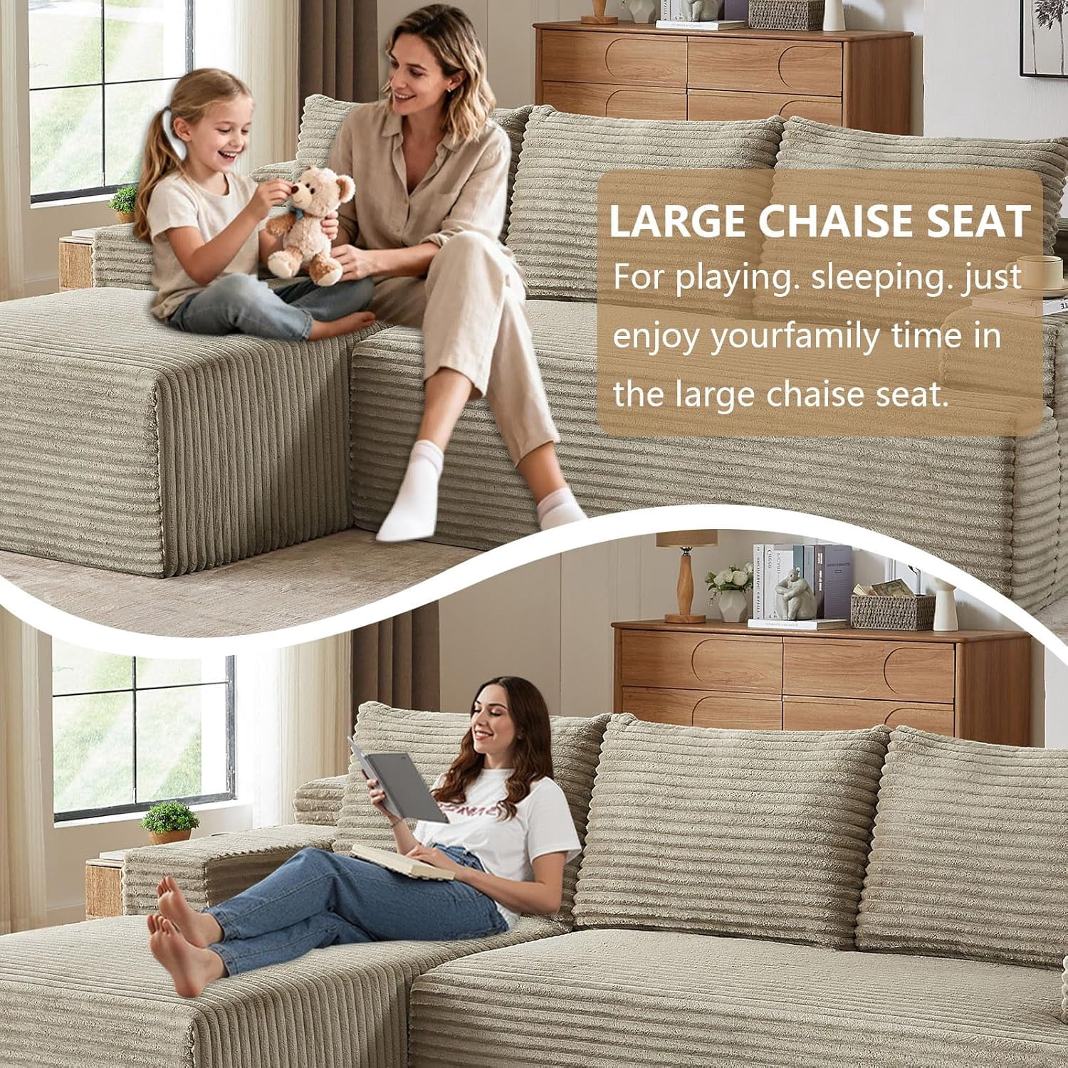 96" Boneless Cloud Couch with Chaise, Modular Sectional Sofa for Living Room, No Assembly Required, Deep Seat Corduroy Couch, Camel