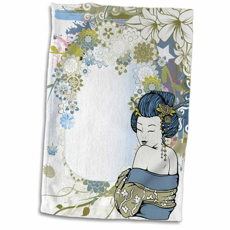 - 3dRose Modern Vector Art Muted Blues And Tans Flowers Asian Floral and Geisha Girl Woman - Towel, 15 by 22-inch