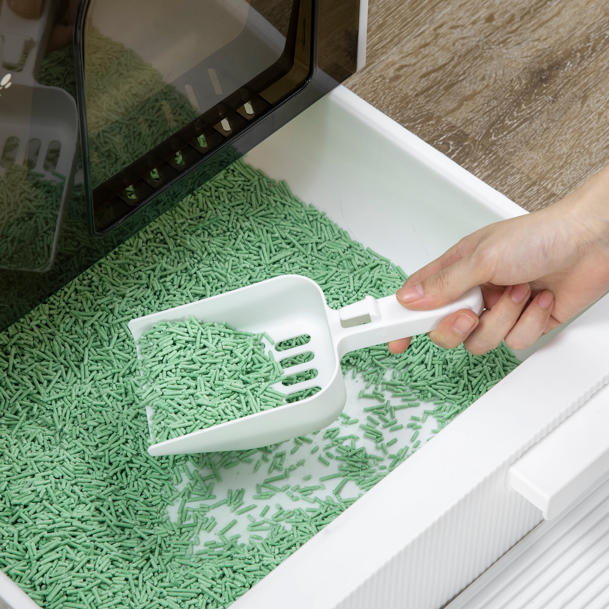 Covered Cat Litter Box with Lid Hooded Kitty Litter Box with Removable Tray Scoop Deodorizing Filter Litter Mat White