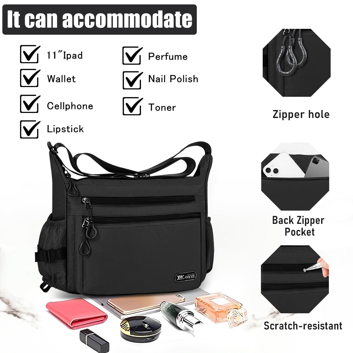 Crossbody Bag for Women Men Multi-Pocket Shoulder Purse Waterproof Lightweight Casual Travel Satchel Handbag,Black,319