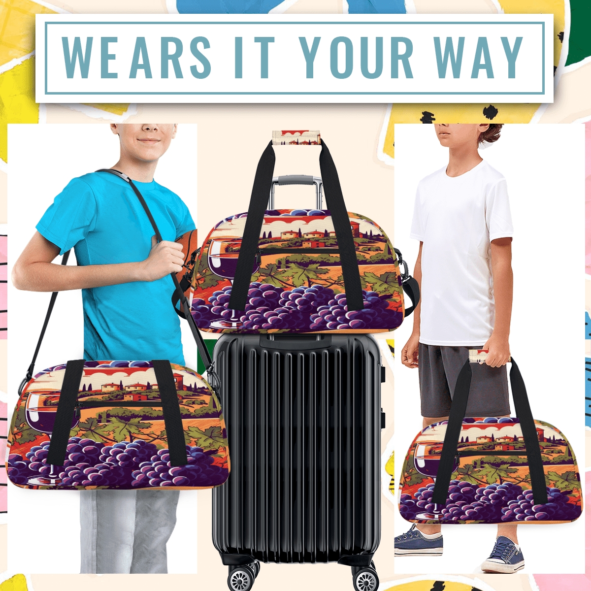 Herdesigns Wine Sports Duffle Bag for Women & Men, Grape Wine Gym Bag Dance Bag Overnight Bag Carry On Weekender Travel Bag