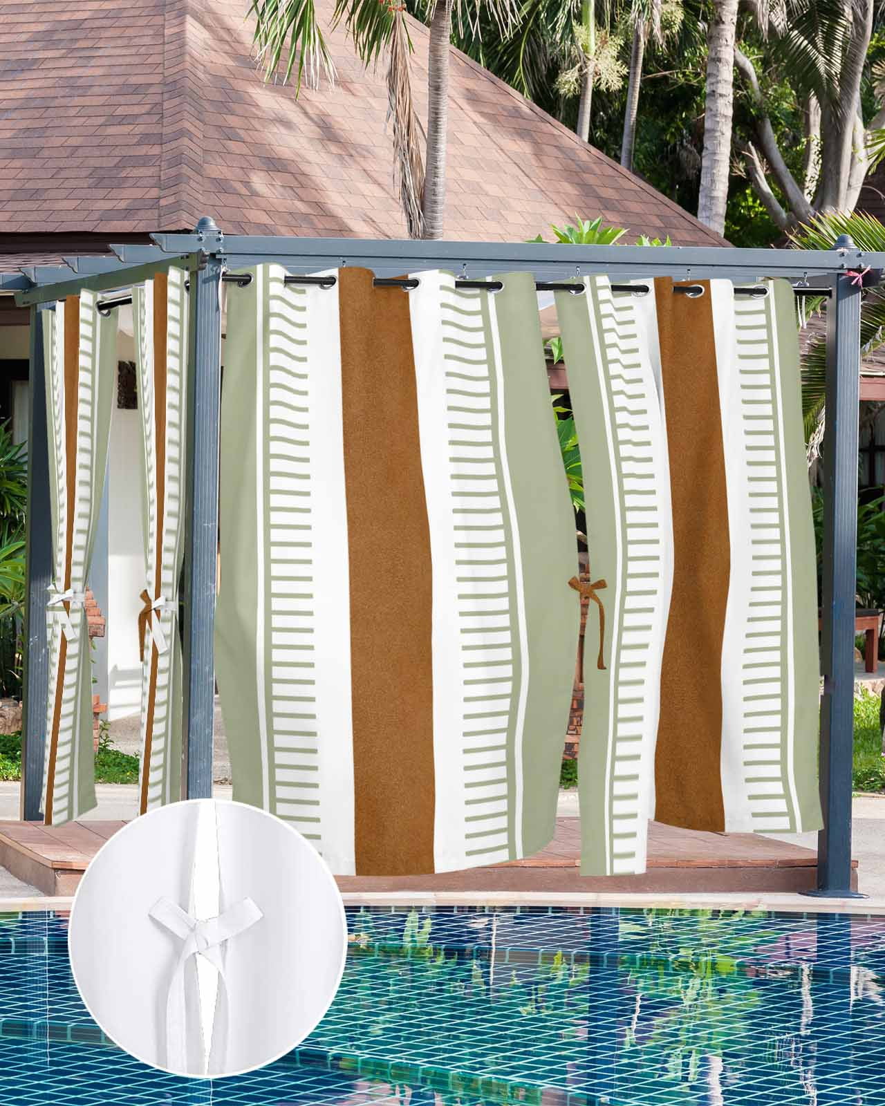 Outdoor Curtains for Patio Boho Sage Green and Brown Striped Geometric Retro Waterproof Privacy Outside Curtains with Tiebacks Grommet Top Pergola Curtains for Cabana Gazebo 2 Panels, 54x84 inch