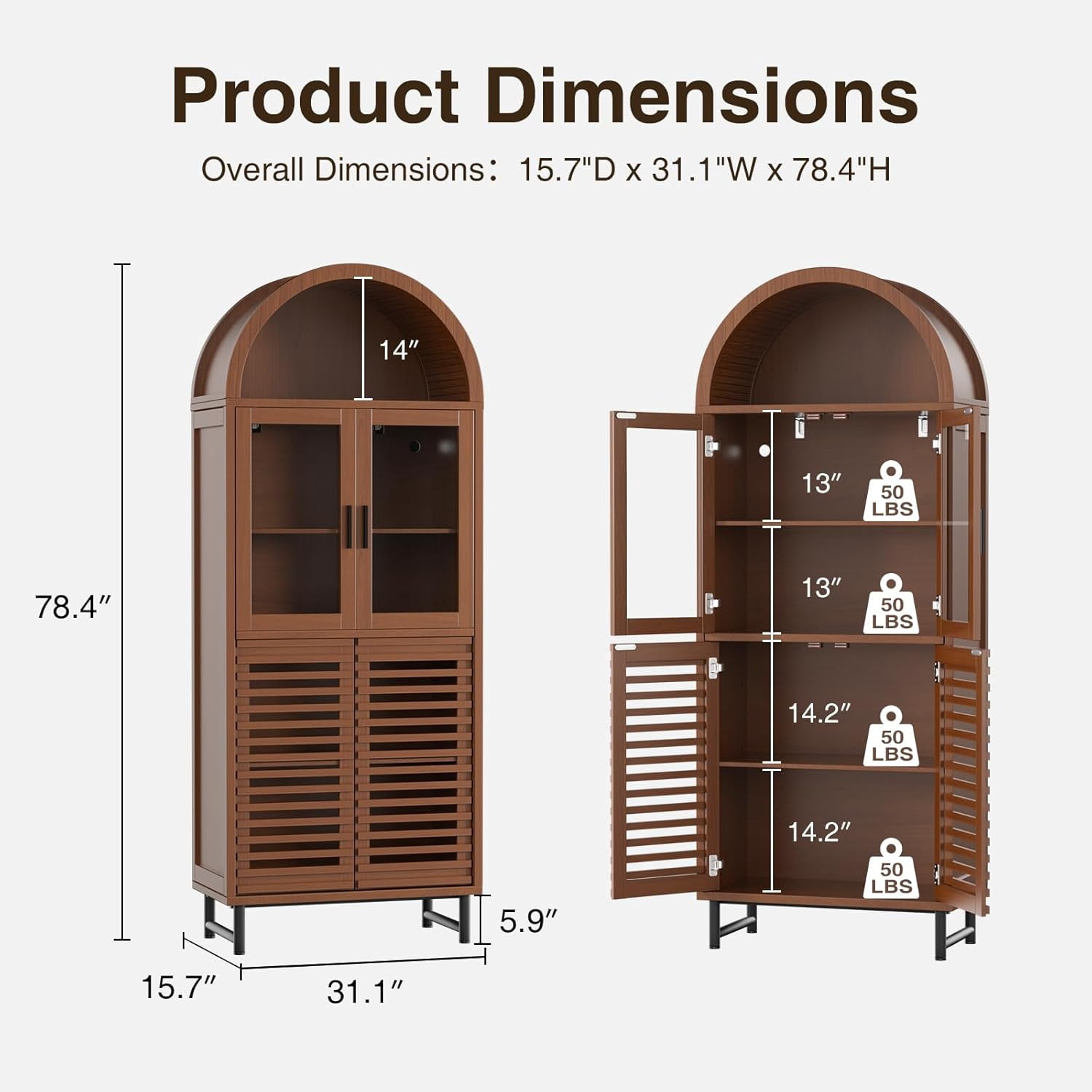 Vabches Arched Kitchen Pantry Storage Cabinet, 78" Tall Fluted Cabinet with LED Lights 2 Glass Doors for Kitchen, Living Room, Bedroom