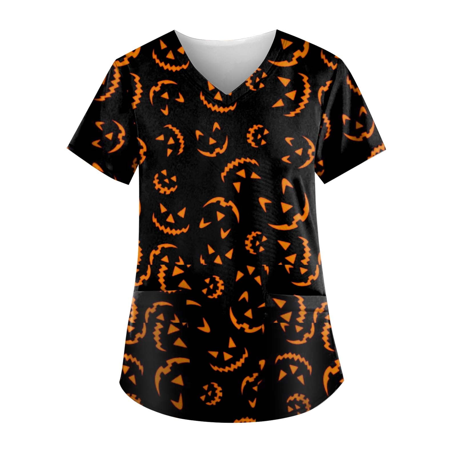 Womens Plus Size Scrubs Top Pumpkin Print Short Sleeve Scrub Nurse