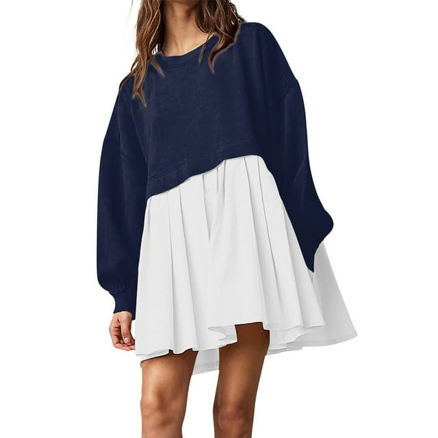 Womens Oversized Sweatshirt Dress Long Flowy Patchwork Pullover Tops Cute Drop Shoulder Sweatshirts Fall Long Sleeve Mini Dress Teen Girls Crewneck Solid Tunic Pleated Loose Clothing Beig