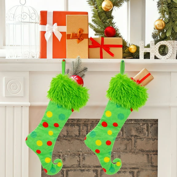 Green Christmas Stocking with Colorful Polka Dots and Fluffy Cuff, Festive Holiday Mantel Decoration, 18 Inch Hanging Stocking