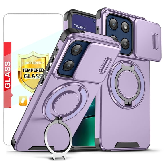Kryonix for Motorola Moto G Stylus 2025 6.7'' Case with Screen Protector,Includes a Sliding Camera Cover,360° Magnetic Rotated Ring Kickstand,Military Grade Shockproof Protective Cover,Purple