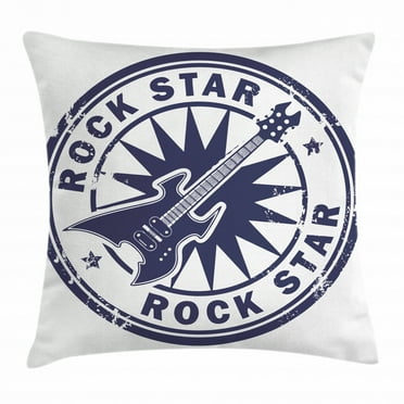 Rock Music Throw Pillow Cushion Cover, Vintage Logo Design Guitar and Sun Pattern Grunge Stamp Monochrome Illustration, Decorative Square Accent Pillow Case, 20 X 20 Inches, Cobalt Blue, by Ambesonne