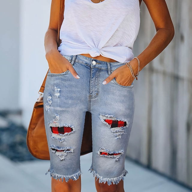 Rollback AXXD Womens Shorts Summer Destroyed Hole High Waist Ripped Jeans Bermuda Short