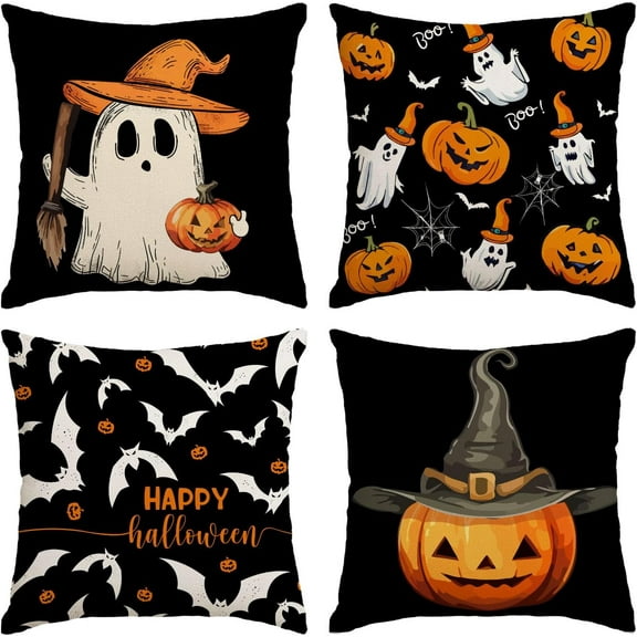 Halloween Pillow Covers 18x18 Set of 4 Ghost Pumpkin Decorative Throw Pillows Cover Black Spider Webs Pillow Cases Home Outdoor Sofa Couch Cushion Covers for Halloween Decorations (18 by 18)