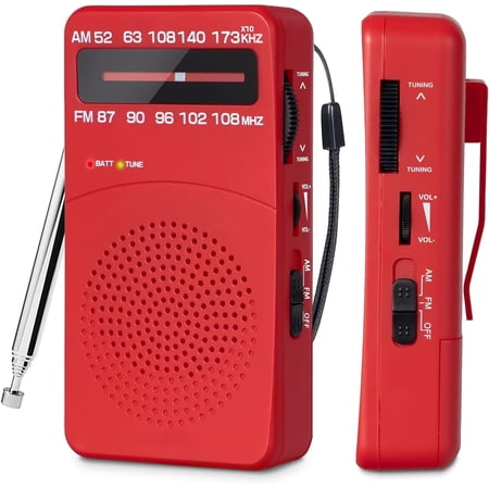 J-166 Small Transistor Radio AM FM, Battery Operated Radio with Tuning Light, Back Clip, Excellent Reception for Indoor & Outdoor & Emergency Radios, Portable Radios
