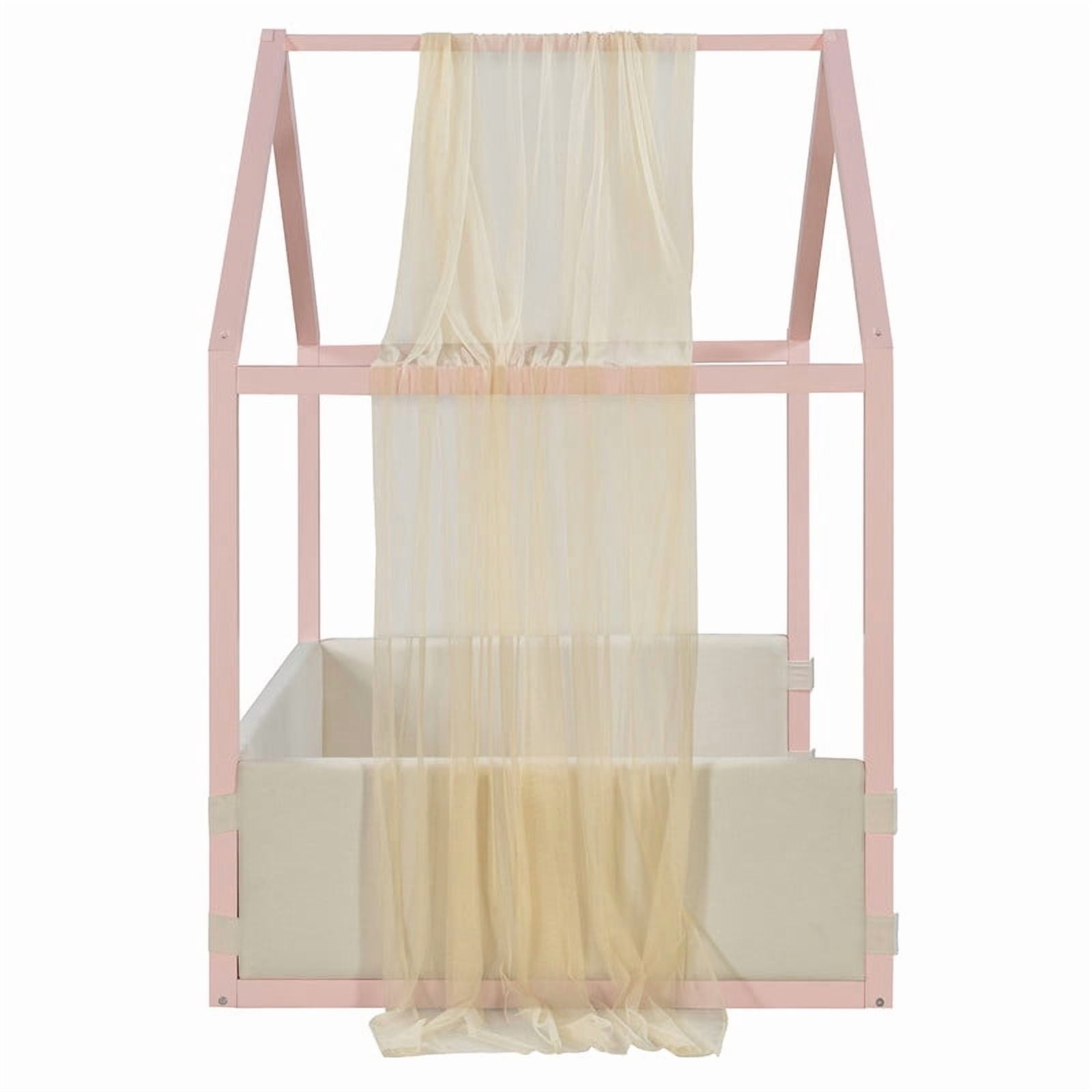 Twin Size Canopy Bed with Upholstered Velvet Side Panels and Breathable Gauze Canopy, Soft-Padded Platform Bed Floor Bed Kids Montessori Bed for Bedroom