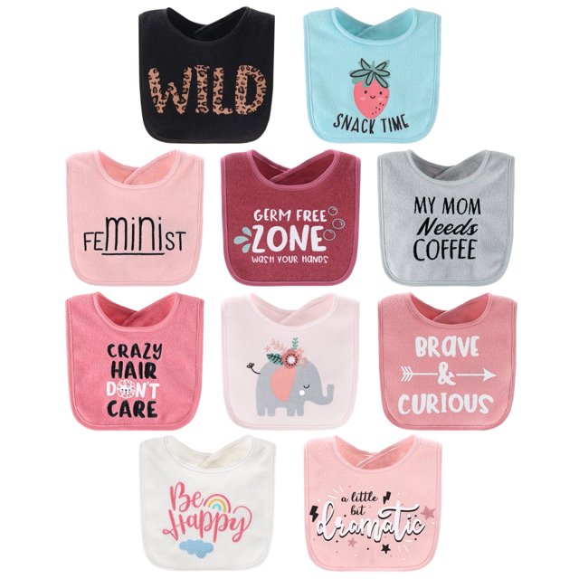 The Peanutshell Terry Feeding Baby Girl Bibs, 10 Pack, Wild Child